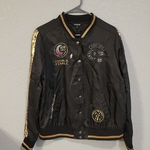 Torrid Black Satin Bomber Jacket with Gold Sequin Accents The Future Is Female